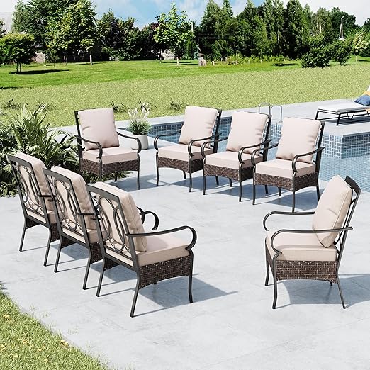 PE Rattan Patio Dining Chairs with Cushions & Metal Frame