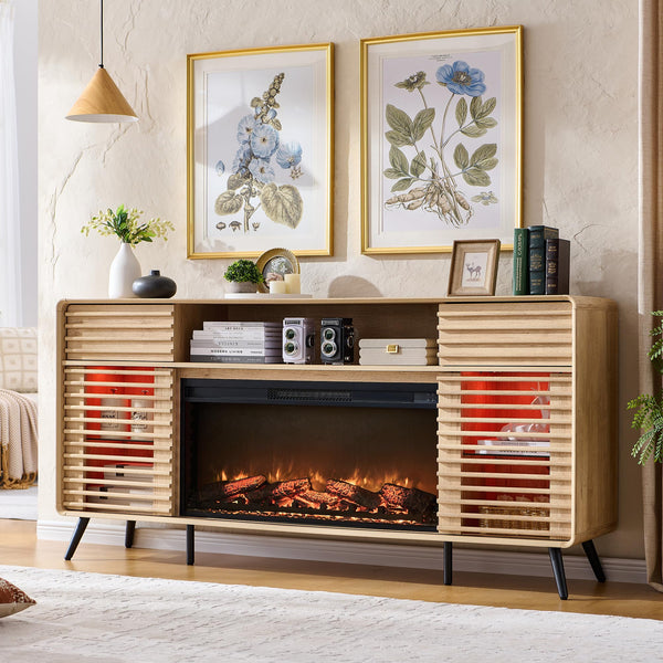 70" Fireplace TV Stand with 36" Electric Fireplace & Slatted Sliding Doors
