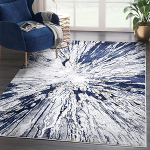 Abstract Grey Blue Washable Area Rug