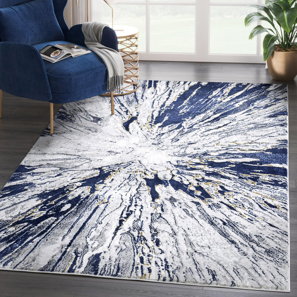 Abstract Grey Blue Washable Area Rug