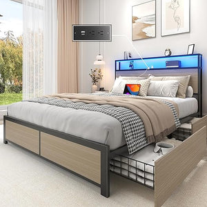 Metal Platform Bed Frame with Storage Headboard, Drawers & LED