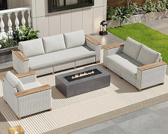 Outdoor Wicker Patio Sectional Sofa Set with Wood Armrests