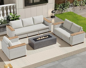 Outdoor Wicker Patio Sectional Sofa Set with Wood Armrests