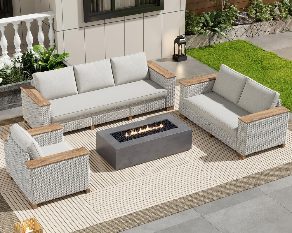 Outdoor Wicker Patio Sectional Sofa Set with Wood Armrests