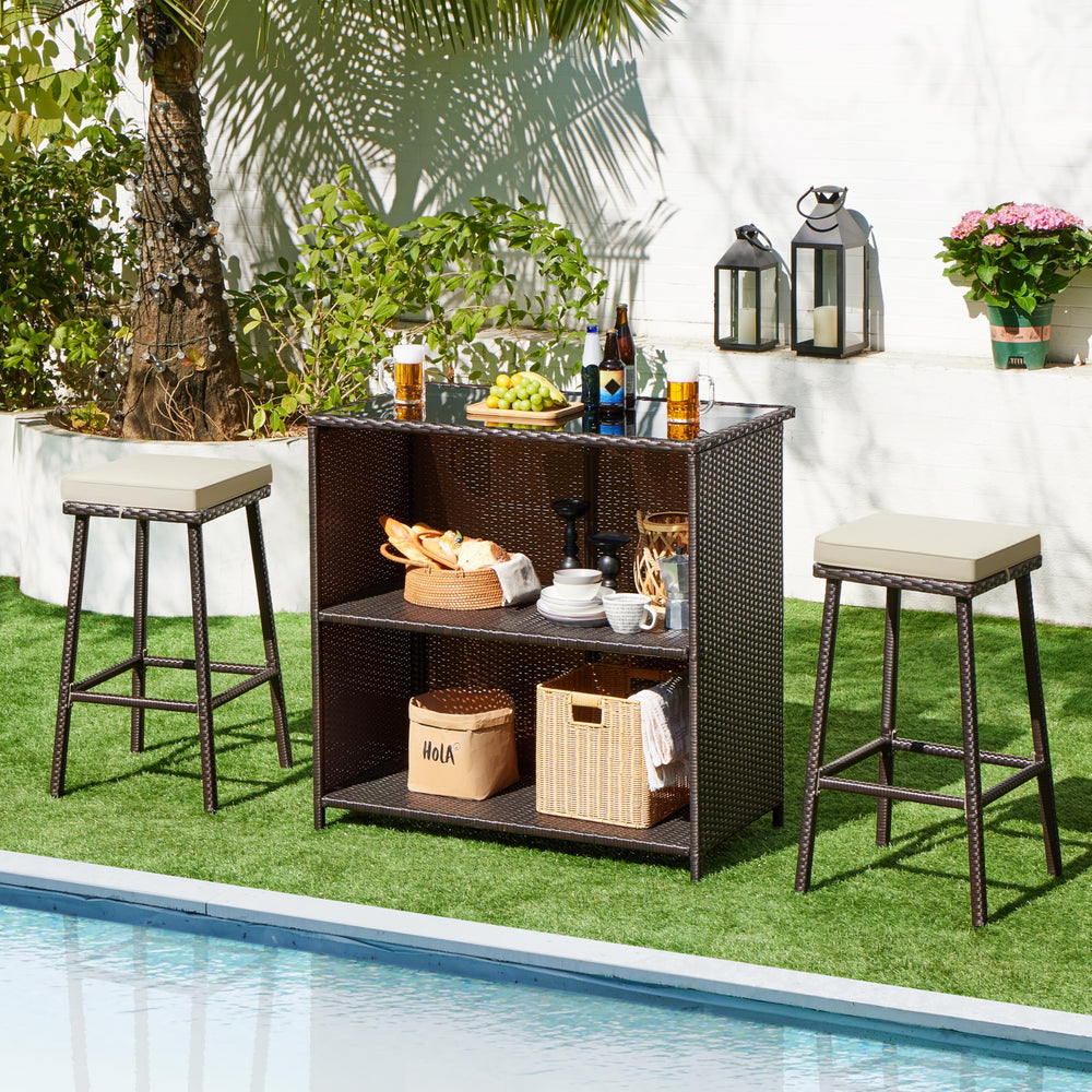 3-Piece Outdoor Patio Bar Set with Glass Top Table & Cushioned Stools