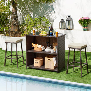 3-Piece Outdoor Patio Bar Set with Glass Top Table & Cushioned Stools