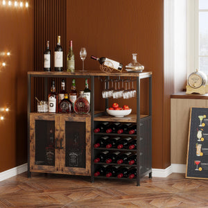 Rustic Industrial Bar Cabinet with Wine Rack and Storage