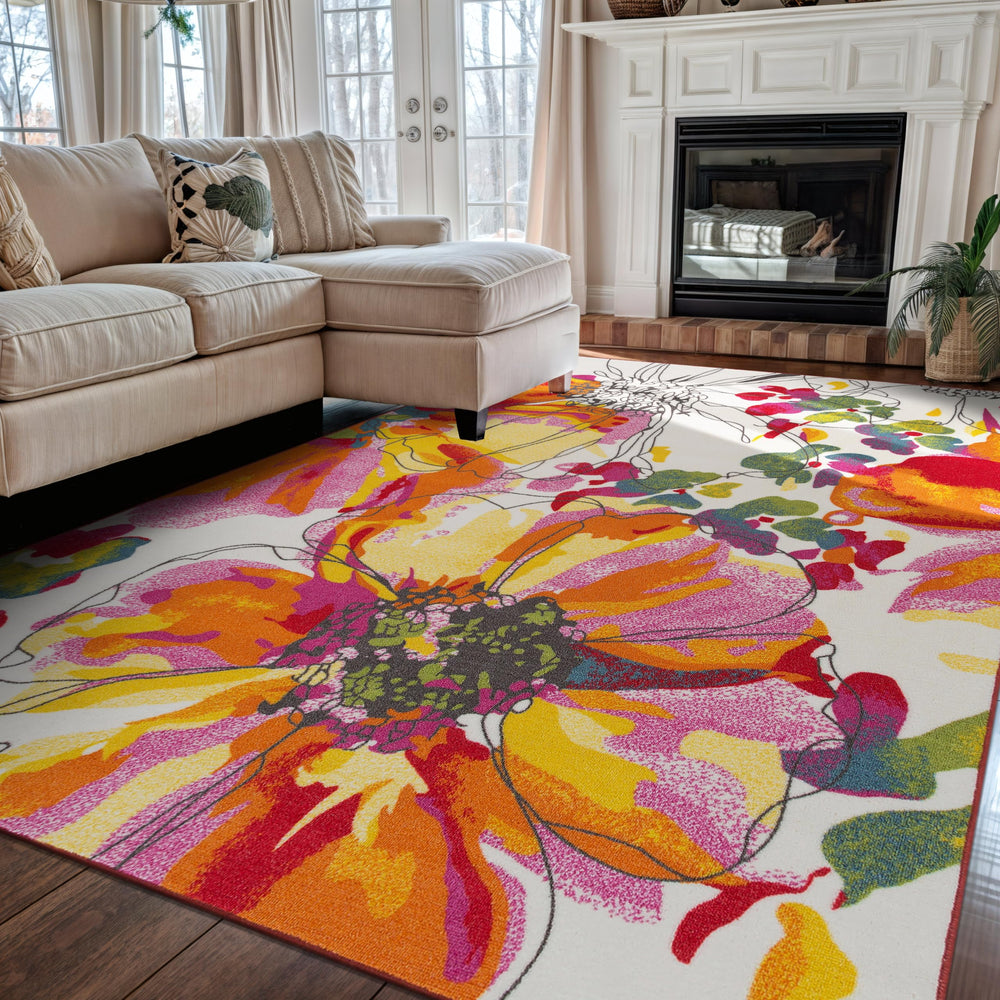Nylon Area Rug 5'3" x 7'3" Rectangular – Floral Loop Pile, Non-Slip Backing