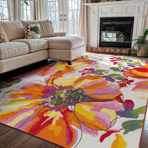 Nylon Area Rug 5'3" x 7'3" Rectangular – Floral Loop Pile, Non-Slip Backing
