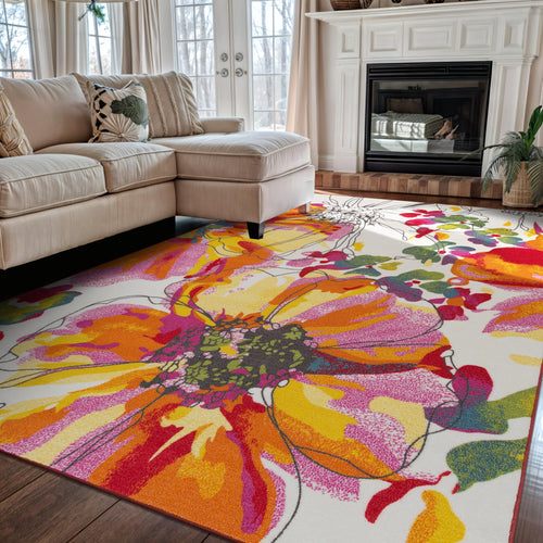 Nylon Area Rug 5'3" x 7'3" Rectangular – Floral Loop Pile, Non-Slip Backing