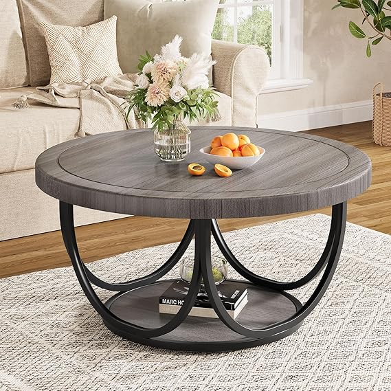 Round Coffee Table with Storage Shelf, 2-Tier Metal Frame