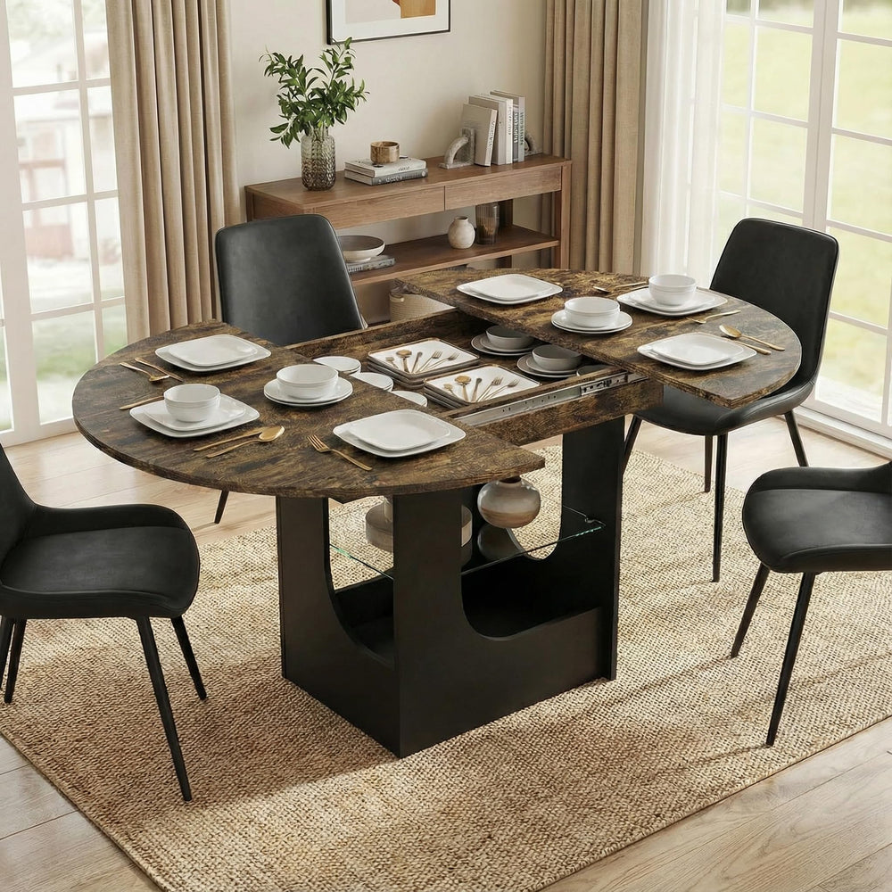 Extendable Round to Oval Dining Table with LED Light & Storage