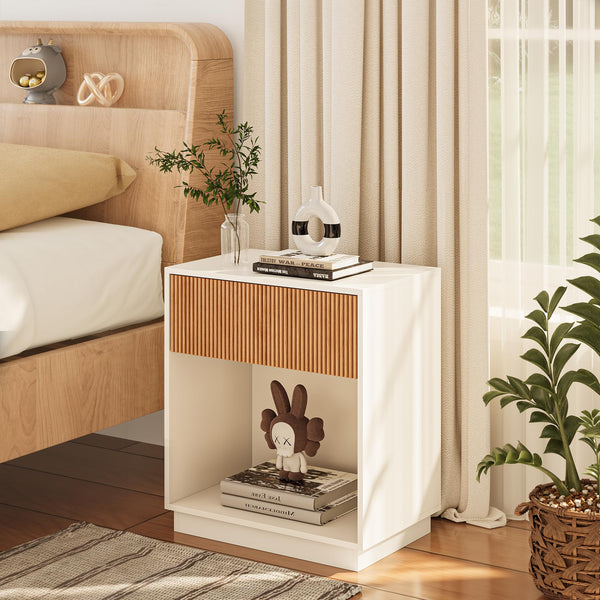 Modern Fluted Nightstand Set of 2 with Drawer and Open Shelf