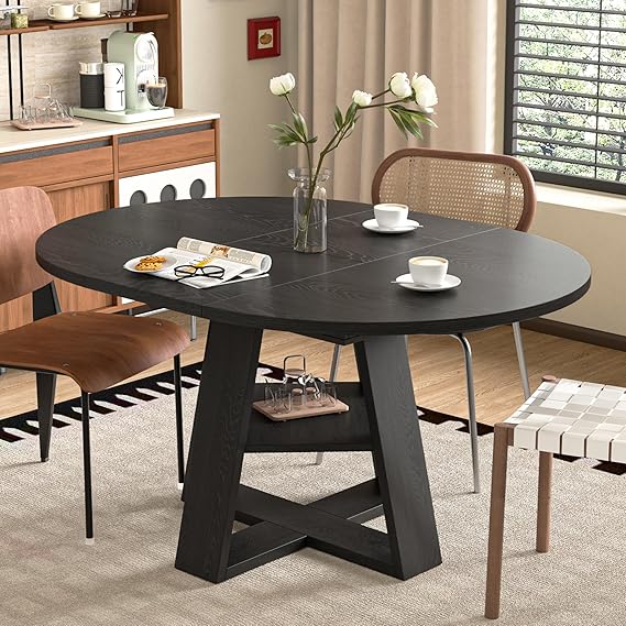 Extendable Round Dining Table with Storage Shelf