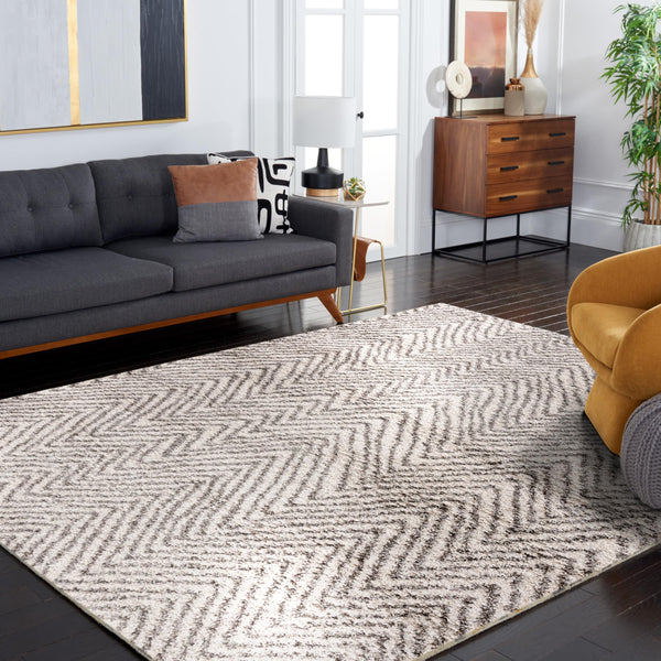 8x10 Ivory Grey Chevron Shag Area Rug – Non-Shedding, Ultra Plush Pile