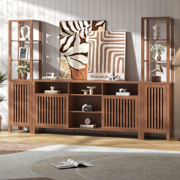 Farmhouse TV Stand with Bookshelves & Storage Cabinet