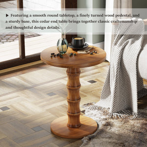 Round Cedar Pedestal End Table – Warm Natural