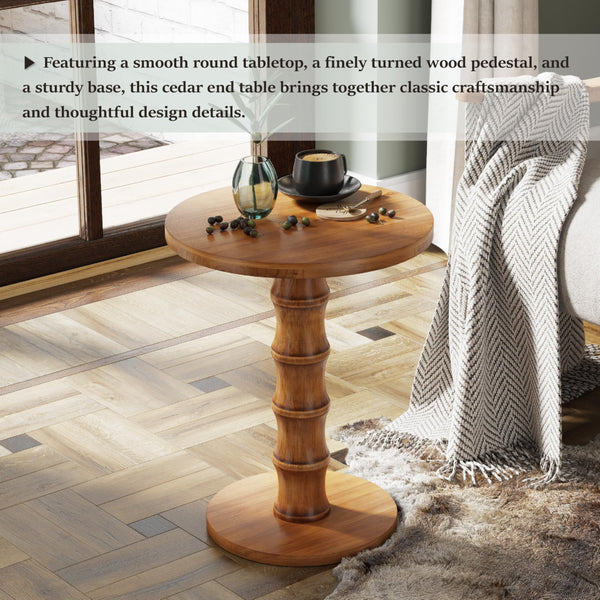 Round Cedar Pedestal End Table – Warm Natural
