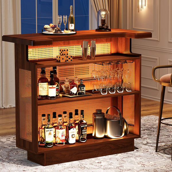 Farmhouse Rattan Bar Cabinet with Stemware Racks