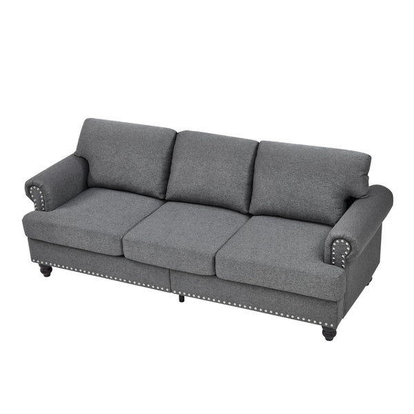 Modern 3-Seat Sofa with Round Armrests – Grey