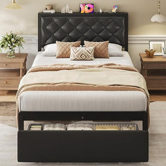 Metal Platform Bed Frame with Storage Drawers & Charging Station