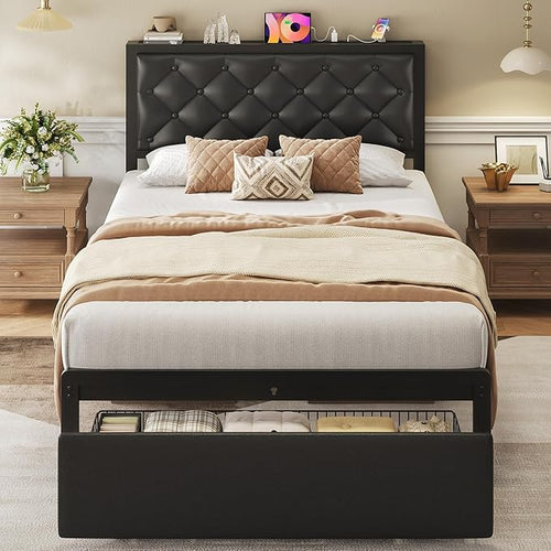 Metal Bed Frame with Storage Drawers & Charging Station