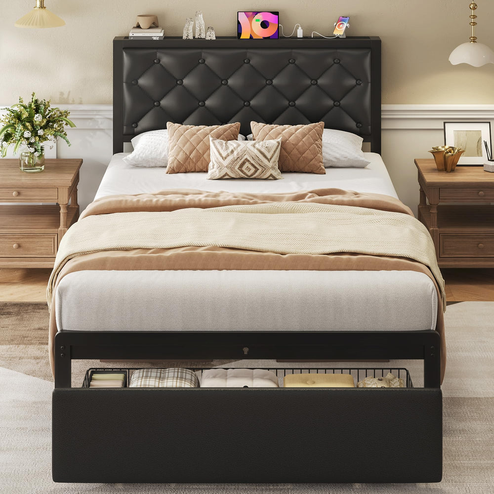 Metal Platform Bed Frame with Storage Drawers & Charging Station