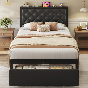 Metal Platform Bed Frame with Storage Drawers & Charging Station