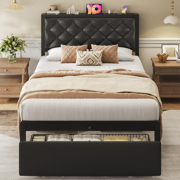 Metal Platform Bed Frame with Storage Drawers & Charging Station