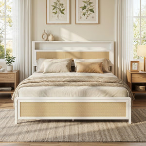 Rattan Queen Bed Frame with Storage Headboard