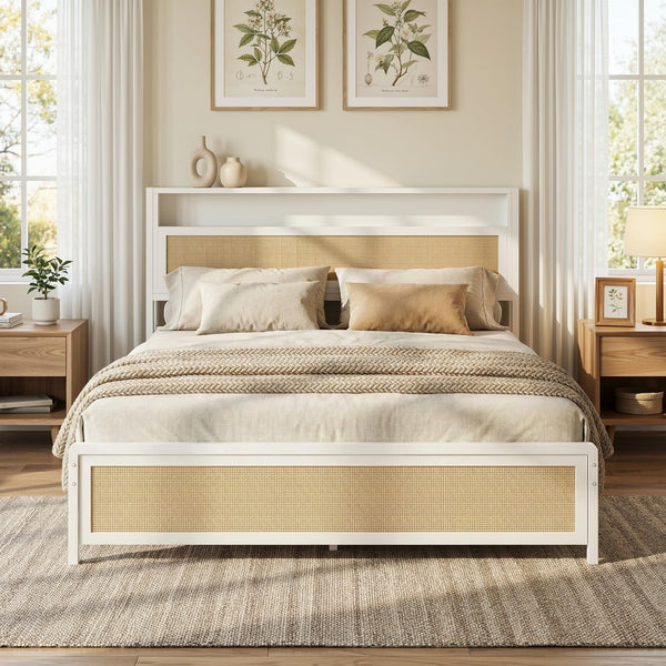Rattan Queen Bed Frame with Storage Headboard