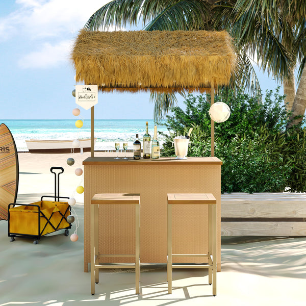 Hawaiian Outdoor Bar Table and Stools Set – 3-Piece Patio Bar Set with PE Grass Canopy