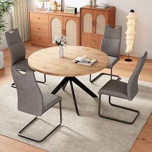 46.4" Round Dining Table Set for 4-6 – Steel Legs, Upholstered Chairs