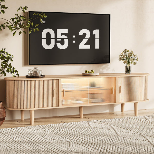 70-Inch Fluted TV Stand with LED Lights & Sliding Doors