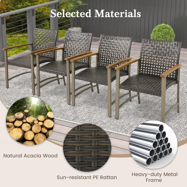 Outdoor PE Wicker Patio Dining Chairs Set of 4 with Acacia Wood Armrests
