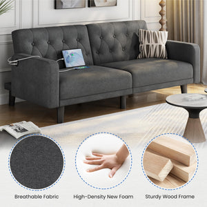 63" Convertible Futon Sofa Bed with USB Ports & Reclining Backrest