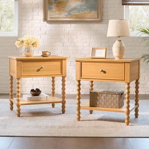 AMERLIFE 3 Piece Bedroom Set Includes Solid Wood Queen Platform Bed Frame with Headboard and 2 Nightstands with Spindle-Turned Legs, Mid Century Modern Bedroom Furniture, Natural
