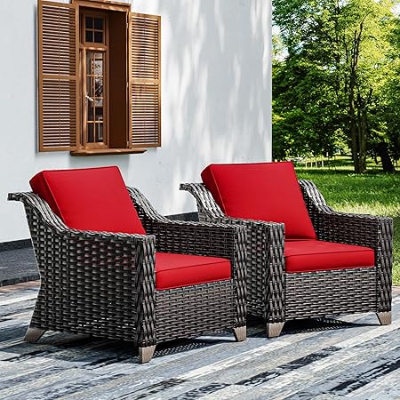 Outdoor Wicker Patio Chairs Set of 2 with Thick Cushions