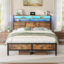 King Size Bed Frame with LED Lights, Storage Headboard & Charging Ports