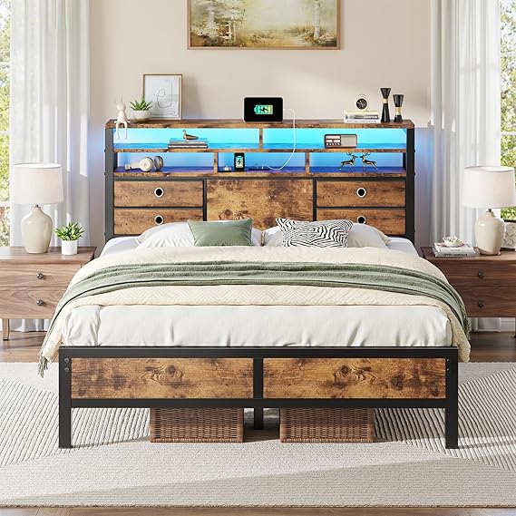 King Size Bed Frame with LED Lights, Storage Headboard & Charging Ports