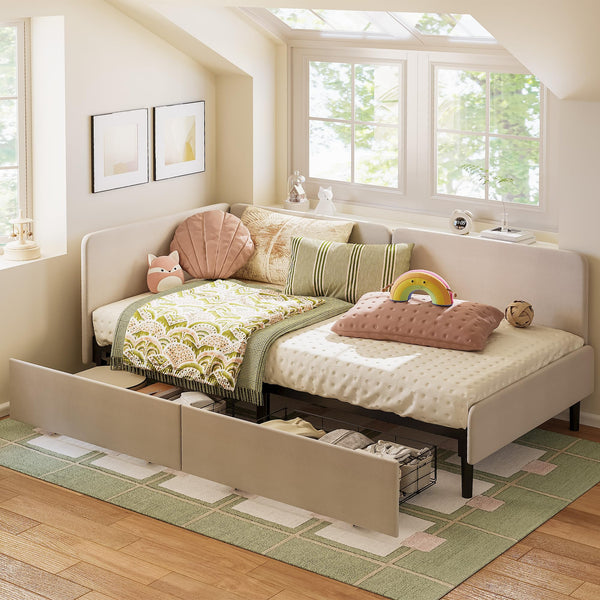 Twin Corner Daybed with Storage Drawers & Safety Rails
