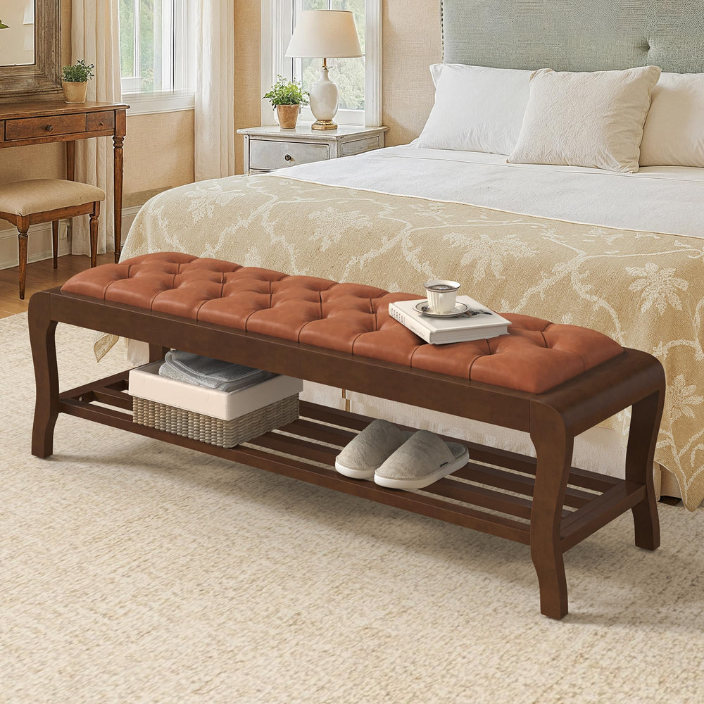 59" PU Leather Entryway Bench with Open Shoe Storage