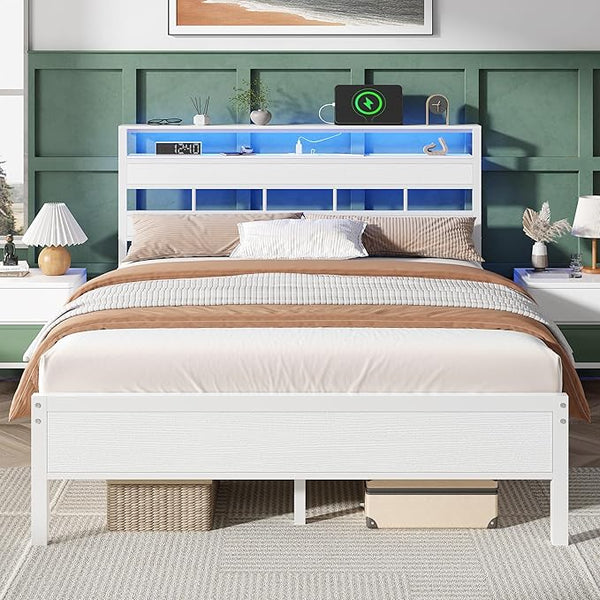 Full Size Bed Frame with LED Lights, Charging Station & Storage Headboard