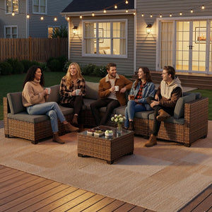 7-Piece Outdoor Sectional Sofa Set with Cushions & Glass Coffee Table