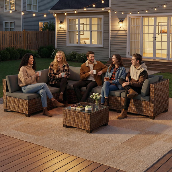 7-Piece Outdoor Sectional Sofa Set with Cushions & Glass Coffee Table