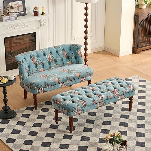 Victorian Armless Loveseat with Tufted Back & Solid Wood Legs – Floral Blue