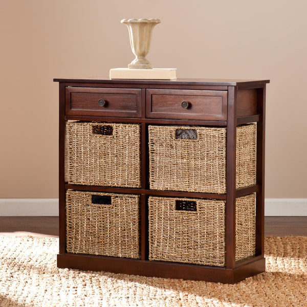4-Basket Storage Chest with Drawers – Mahogany & Seagrass