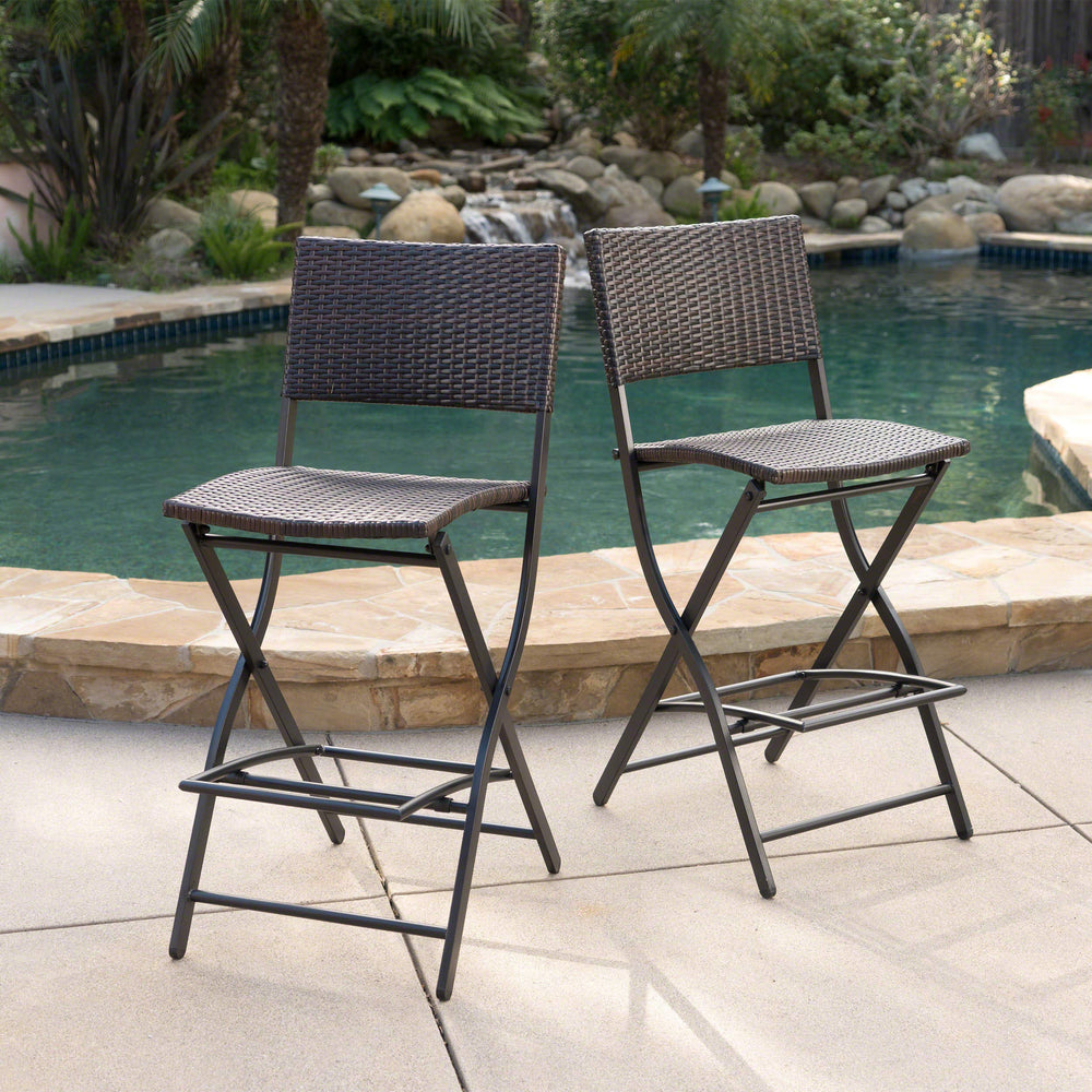 Outdoor Wicker Barstools Set of 2 with Footrest – Foldable
