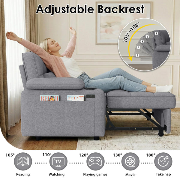 58" Convertible Sofa Bed with USB Charger & Cup Holders – Teddy Fabric Loveseat