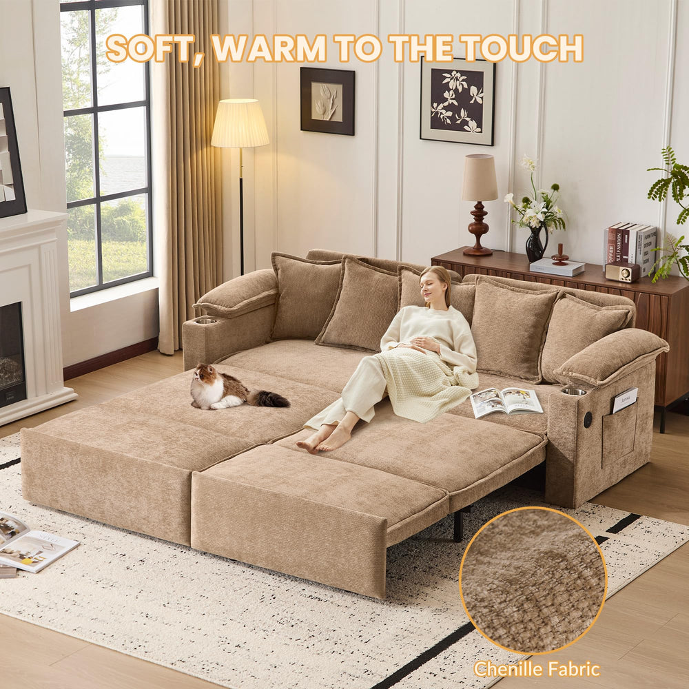 King Size Pull-Out Sofa Bed – 4-in-1 Convertible Sleeper with USB Ports & Storage